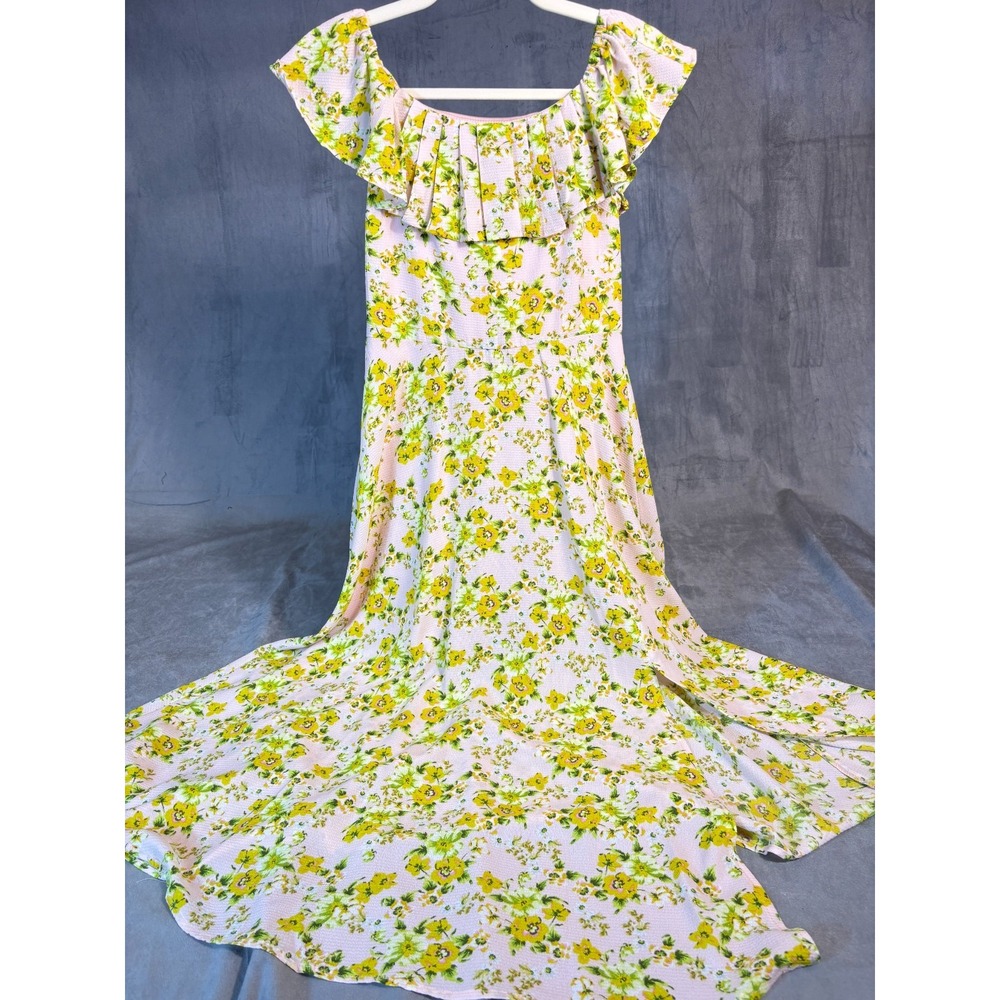 BCBG Women's  Maxi Dress Pink Green Yellow Floral Ruffle Whimsifairy Romantic  4